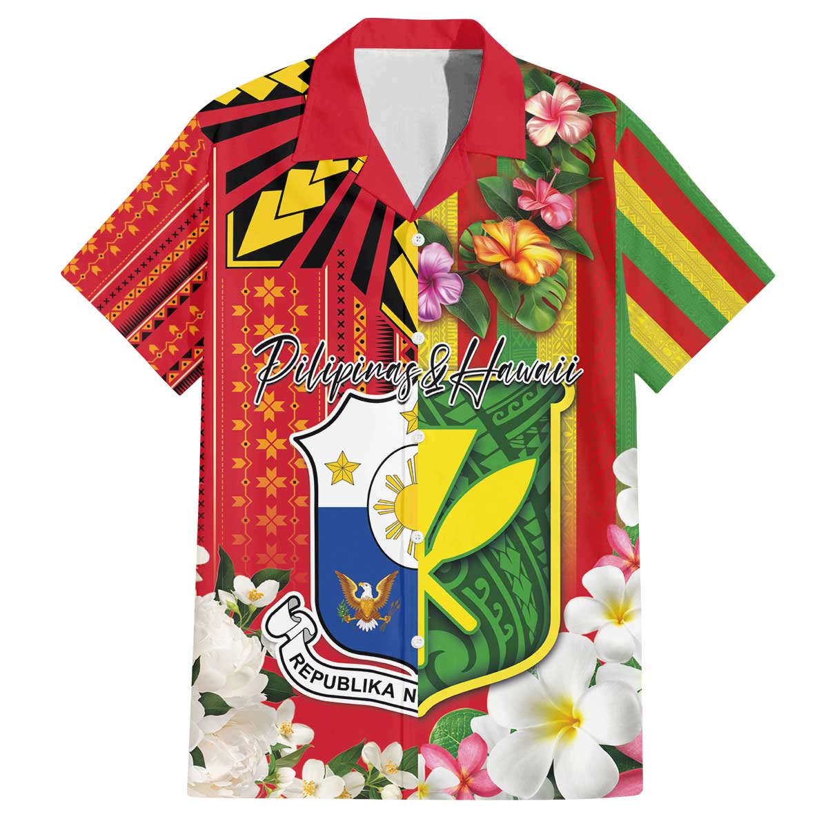 Personalised Hawaii and Philippines Together Family Matching Off The Shoulder Long Sleeve Dress and Hawaiian Shirt The Emblems with Cultural Symbols Green-Yellow-Red Tricolor