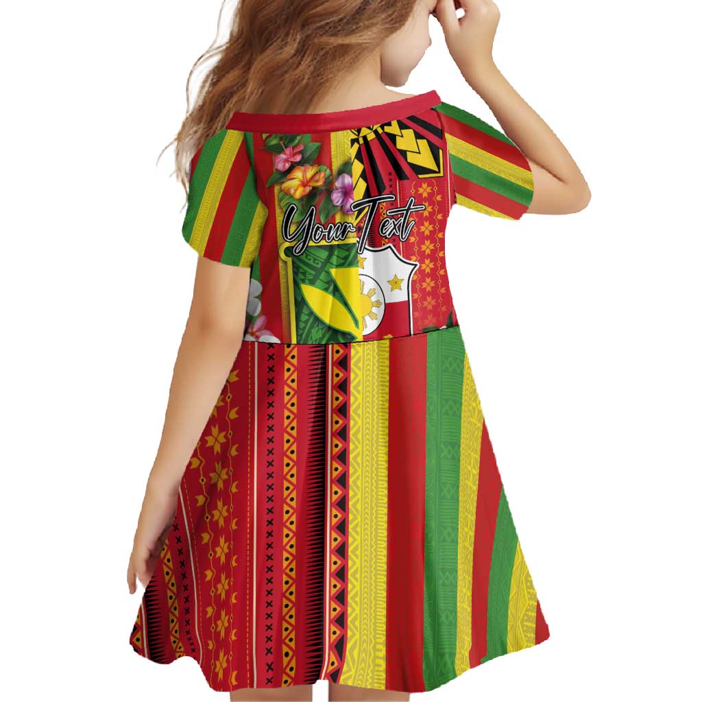 Personalised Hawaii and Philippines Together Family Matching Off Shoulder Maxi Dress and Hawaiian Shirt The Emblems with Cultural Symbols Green-Yellow-Red Tricolor LT03 - Polynesian Pride