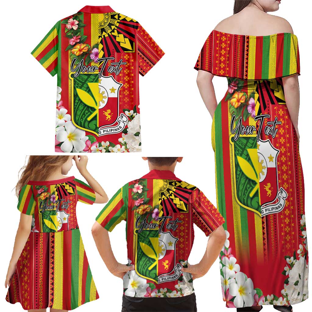 Personalised Hawaii and Philippines Together Family Matching Off Shoulder Maxi Dress and Hawaiian Shirt The Emblems with Cultural Symbols Green-Yellow-Red Tricolor LT03 - Polynesian Pride