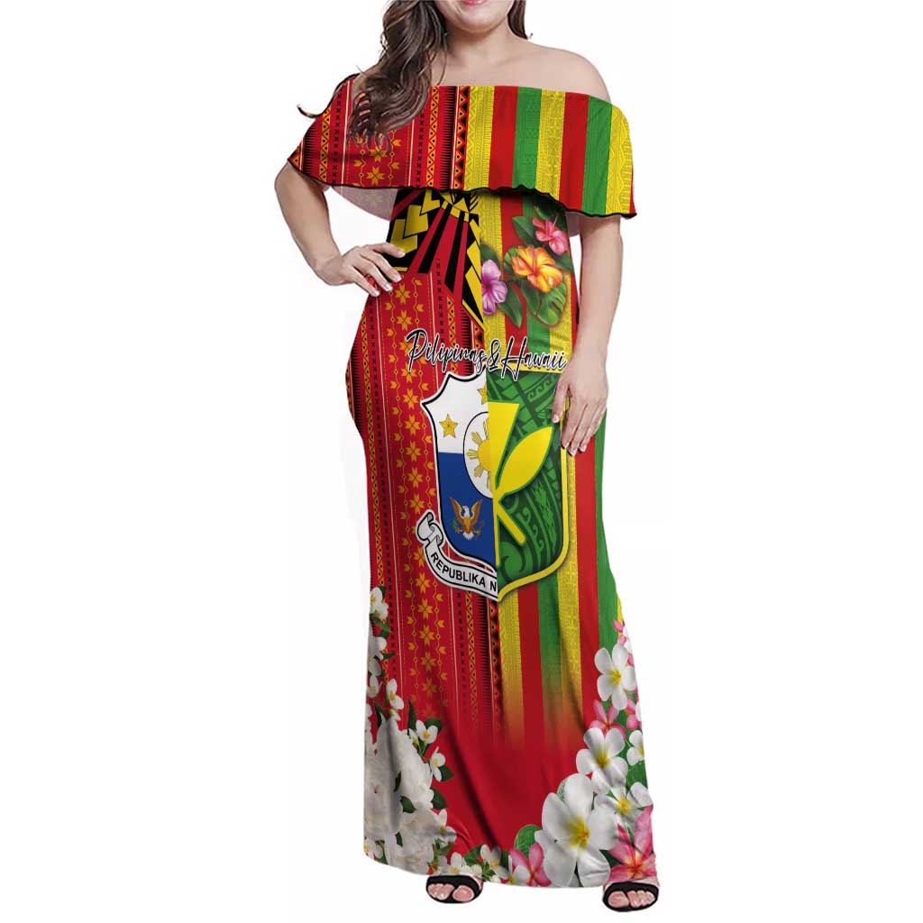 Personalised Hawaii and Philippines Together Family Matching Off Shoulder Maxi Dress and Hawaiian Shirt The Emblems with Cultural Symbols Green-Yellow-Red Tricolor LT03 Mom's Dress Art - Polynesian Pride