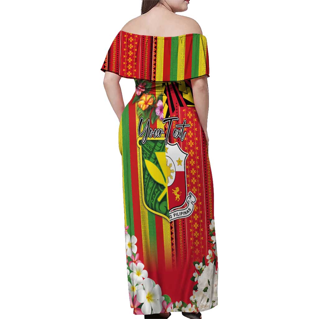 Personalised Hawaii and Philippines Together Family Matching Off Shoulder Maxi Dress and Hawaiian Shirt The Emblems with Cultural Symbols Green-Yellow-Red Tricolor LT03 - Polynesian Pride