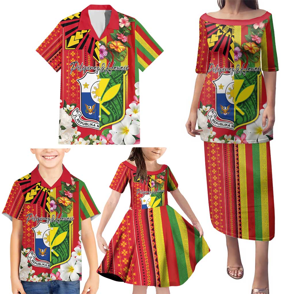 Personalised Hawaii and Philippines Together Family Matching Puletasi and Hawaiian Shirt The Emblems with Cultural Symbols Green-Yellow-Red Tricolor LT03 - Polynesian Pride