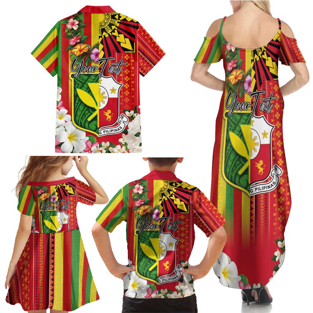 Personalised Hawaii and Philippines Together Family Matching Summer Maxi Dress and Hawaiian Shirt The Emblems with Cultural Symbols Green-Yellow-Red Tricolor