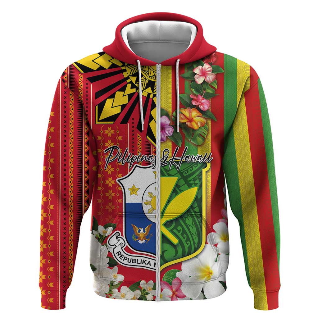 Personalised Hawaii and Philippines Together Hoodie The Emblems with Cultural Symbols Green-Yellow-Red Tricolor LT03 Zip Hoodie Art - Polynesian Pride