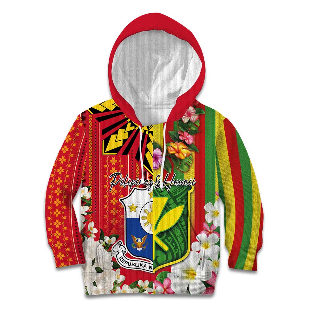 Personalised Hawaii and Philippines Together Kid Hoodie The Emblems with Cultural Symbols Green-Yellow-Red Tricolor LT03 Hoodie Art - Polynesian Pride