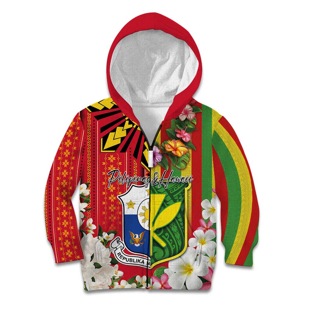 Personalised Hawaii and Philippines Together Kid Hoodie The Emblems with Cultural Symbols Green-Yellow-Red Tricolor LT03 Zip Hoodie Art - Polynesian Pride
