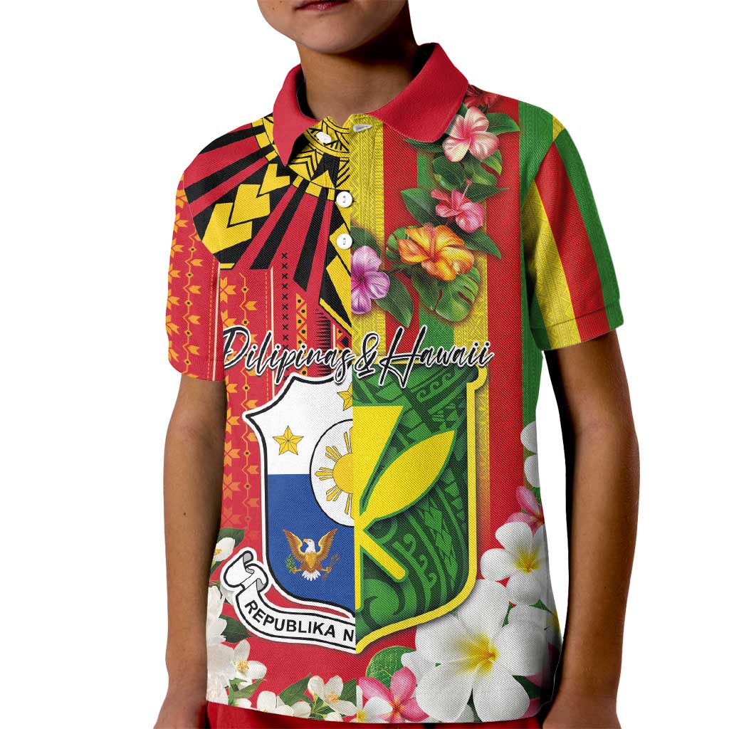 Personalised Hawaii and Philippines Together Kid Polo Shirt The Emblems with Cultural Symbols Green-Yellow-Red Tricolor LT03 Kid Art - Polynesian Pride