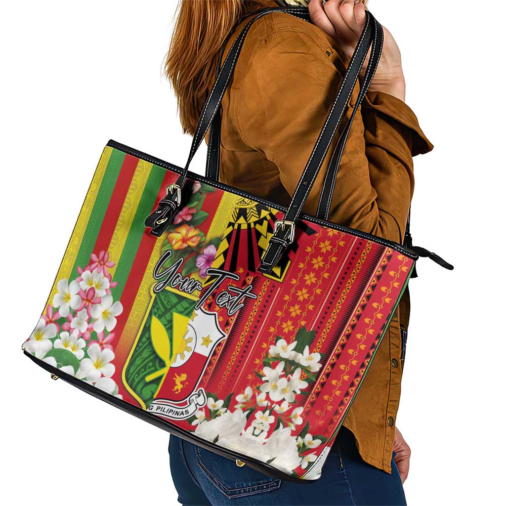 Personalised Hawaii and Philippines Together Leather Tote Bag The Emblems with Cultural Symbols Green-Yellow-Red Tricolor LT03 - Polynesian Pride