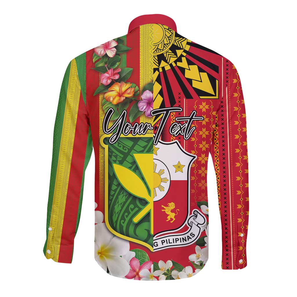 Personalised Hawaii and Philippines Together Long Sleeve Button Shirt The Emblems with Cultural Symbols Green-Yellow-Red Tricolor LT03 - Polynesian Pride