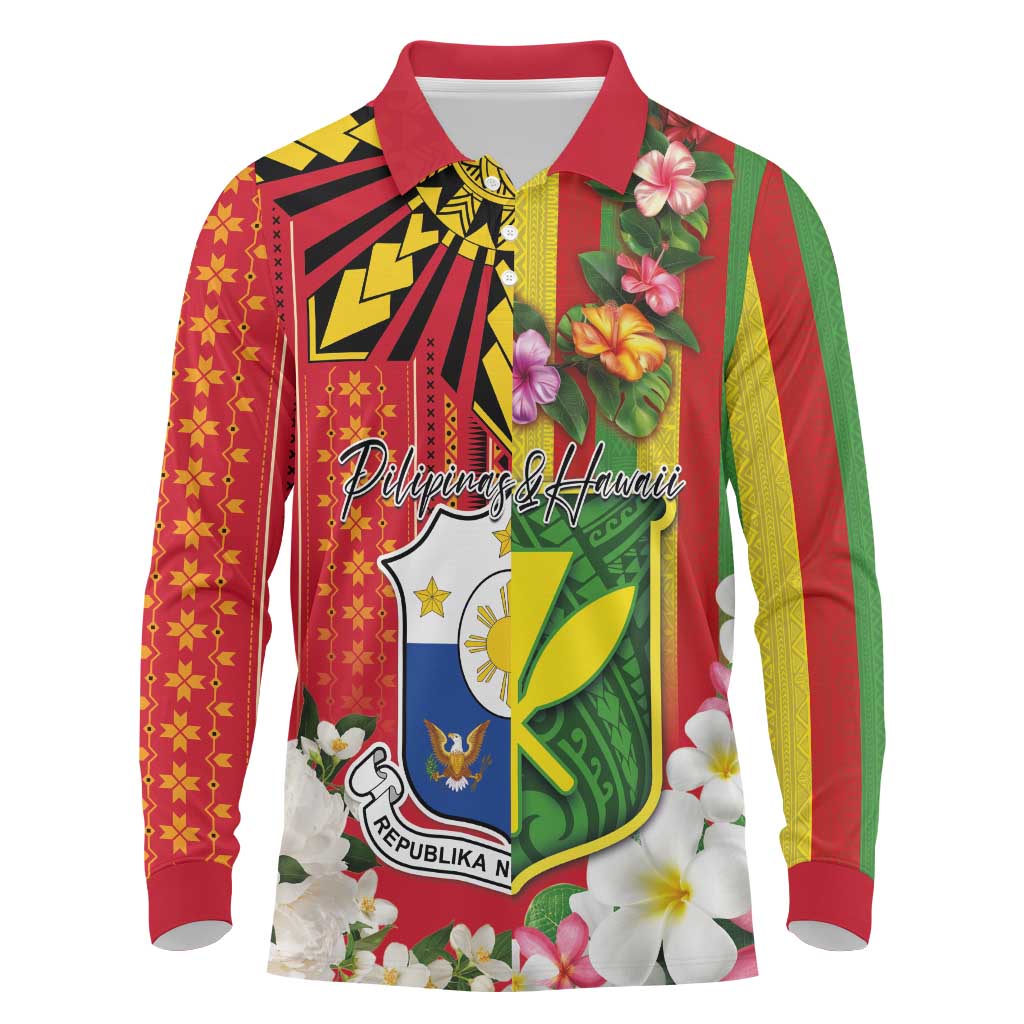 Personalised Hawaii and Philippines Together Long Sleeve Polo Shirt The Emblems with Cultural Symbols Green-Yellow-Red Tricolor LT03 Art - Polynesian Pride