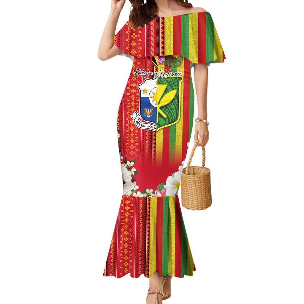 Personalised Hawaii and Philippines Together Mermaid Dress The Emblems with Cultural Symbols Green-Yellow-Red Tricolor LT03 Women Art - Polynesian Pride