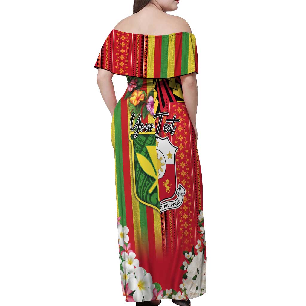 Personalised Hawaii and Philippines Together Off Shoulder Maxi Dress The Emblems with Cultural Symbols Green-Yellow-Red Tricolor LT03 - Polynesian Pride