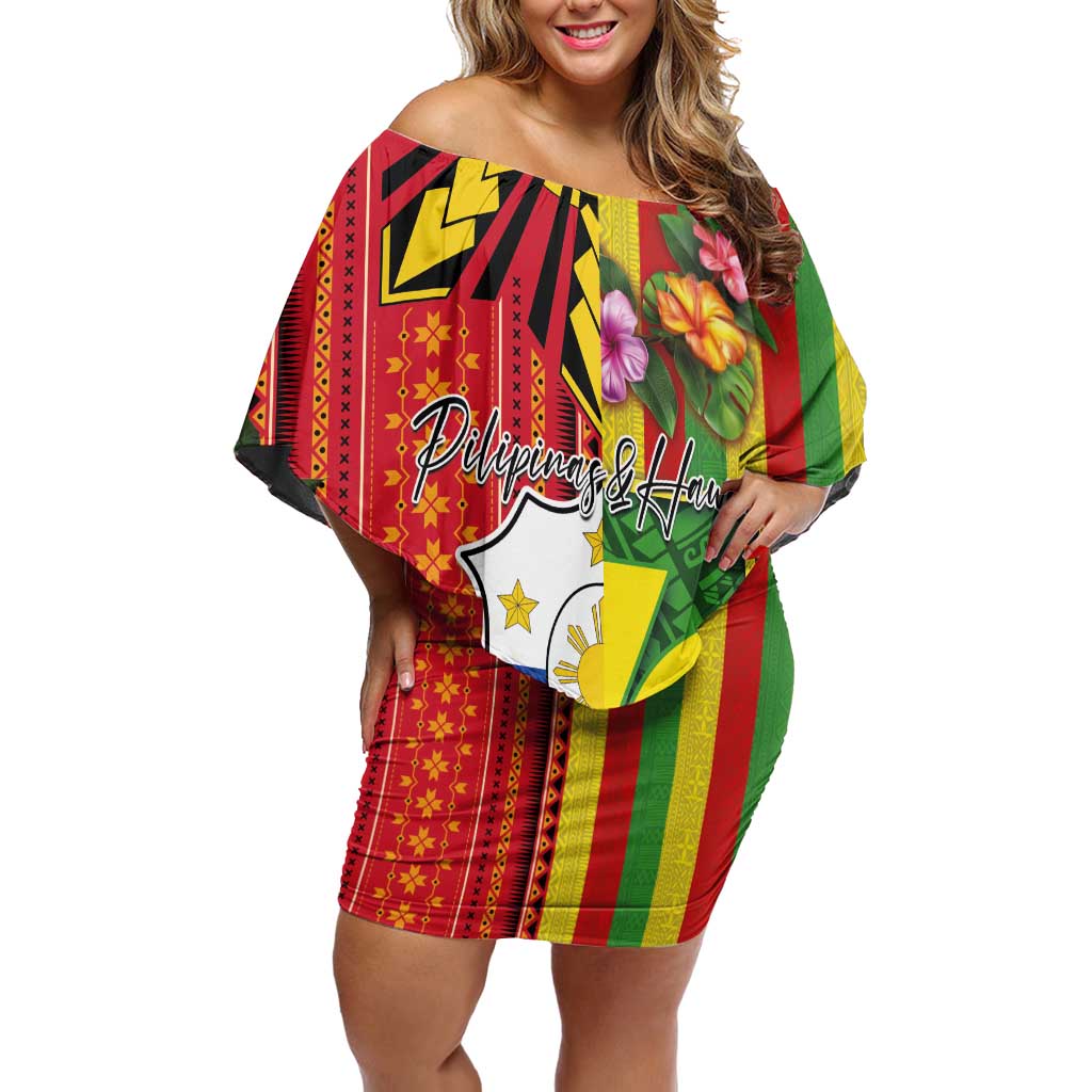 Personalised Hawaii and Philippines Together Off Shoulder Short Dress The Emblems with Cultural Symbols Green-Yellow-Red Tricolor LT03 Women Art - Polynesian Pride