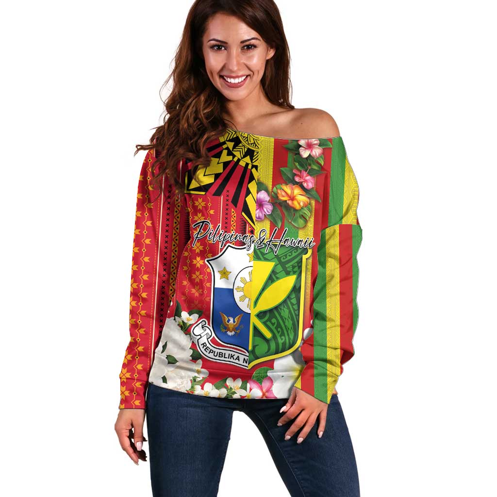Personalised Hawaii and Philippines Together Off Shoulder Sweater The Emblems with Cultural Symbols Green-Yellow-Red Tricolor LT03 Women Art - Polynesian Pride