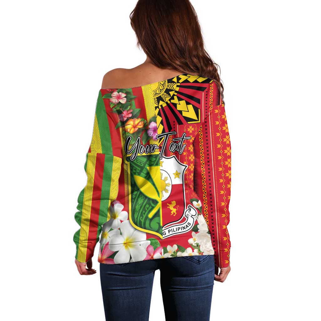 Personalised Hawaii and Philippines Together Off Shoulder Sweater The Emblems with Cultural Symbols Green-Yellow-Red Tricolor LT03 - Polynesian Pride