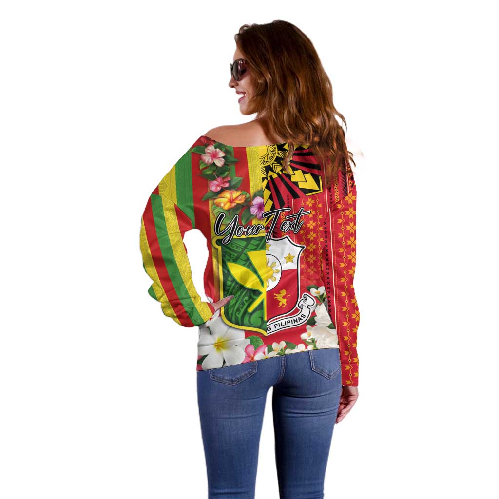 Personalised Hawaii and Philippines Together Off Shoulder Sweater The Emblems with Cultural Symbols Green-Yellow-Red Tricolor LT03 - Polynesian Pride