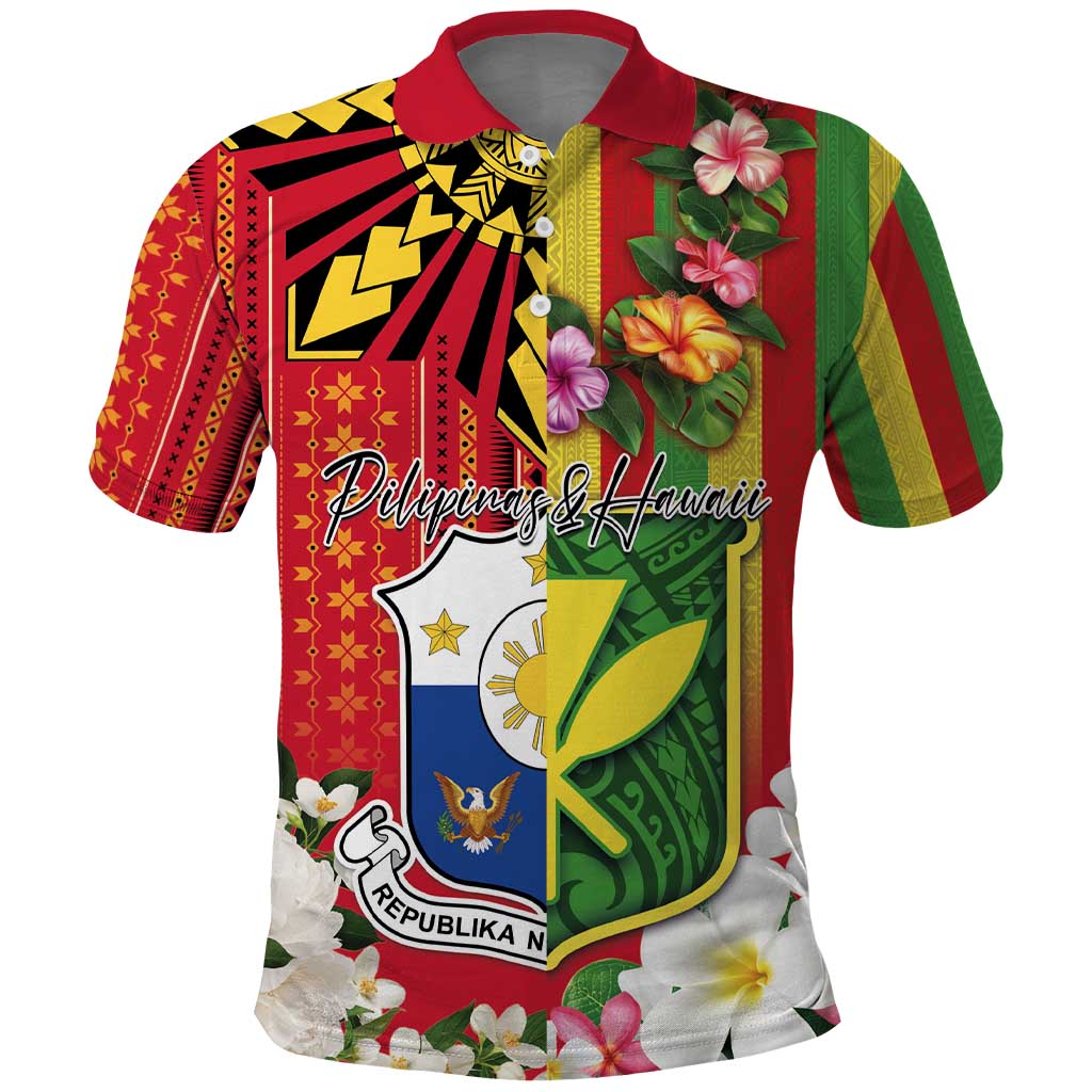 Personalised Hawaii and Philippines Together Polo Shirt The Emblems with Cultural Symbols Green-Yellow-Red Tricolor LT03 Art - Polynesian Pride