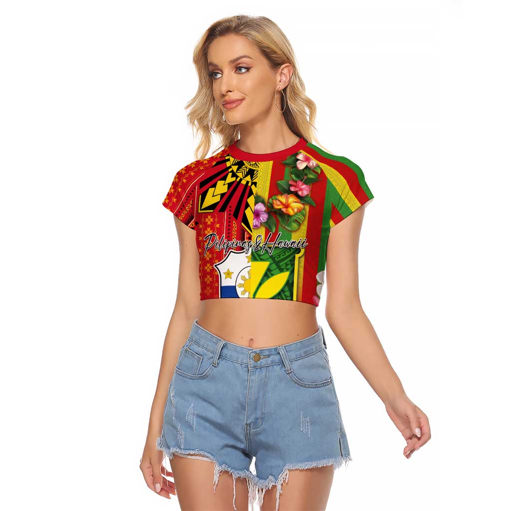 Personalised Hawaii and Philippines Together Raglan Cropped T Shirt The Emblems with Cultural Symbols Green-Yellow-Red Tricolor LT03 Female Art - Polynesian Pride