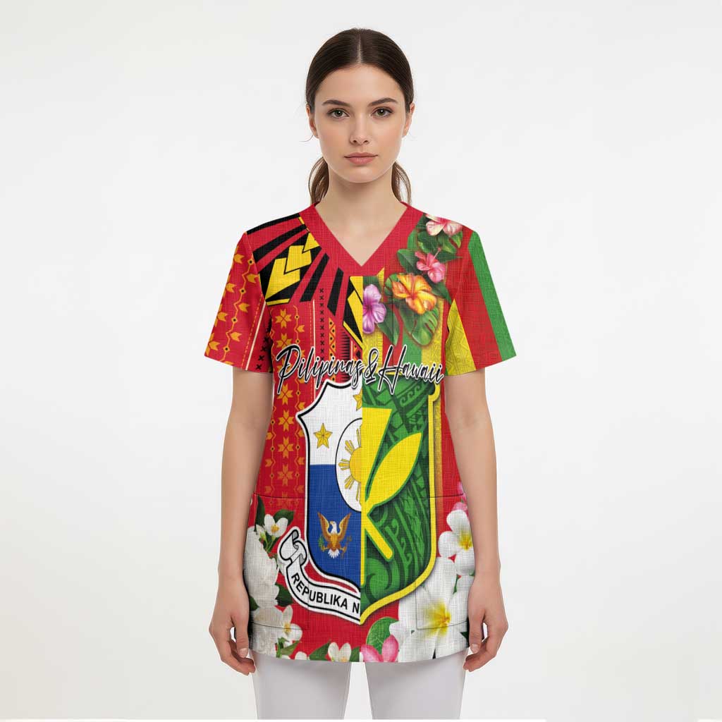 Personalised Hawaii and Philippines Together Scrub Top The Emblems with Cultural Symbols Green-Yellow-Red Tricolor - Polynesian Pride