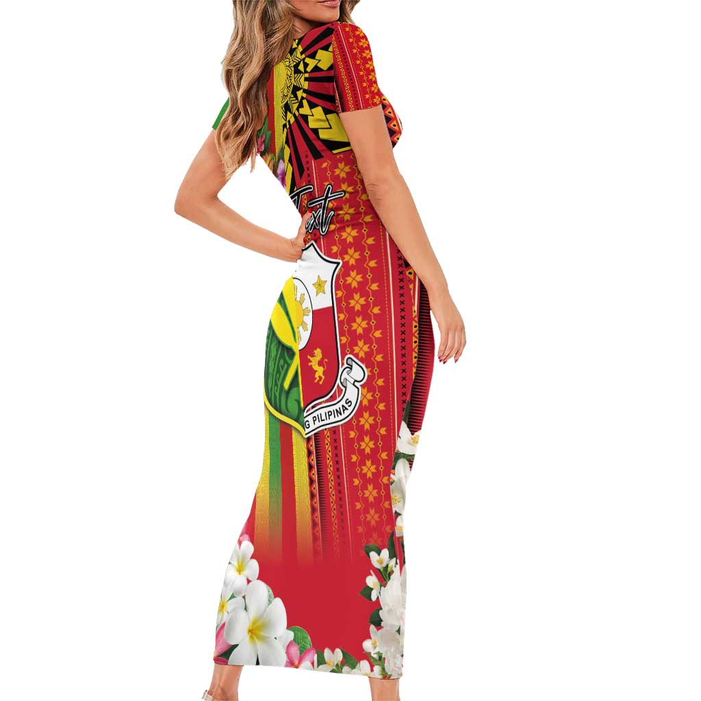 Personalised Hawaii and Philippines Together Short Sleeve Bodycon Dress The Emblems with Cultural Symbols Green-Yellow-Red Tricolor LT03 - Polynesian Pride