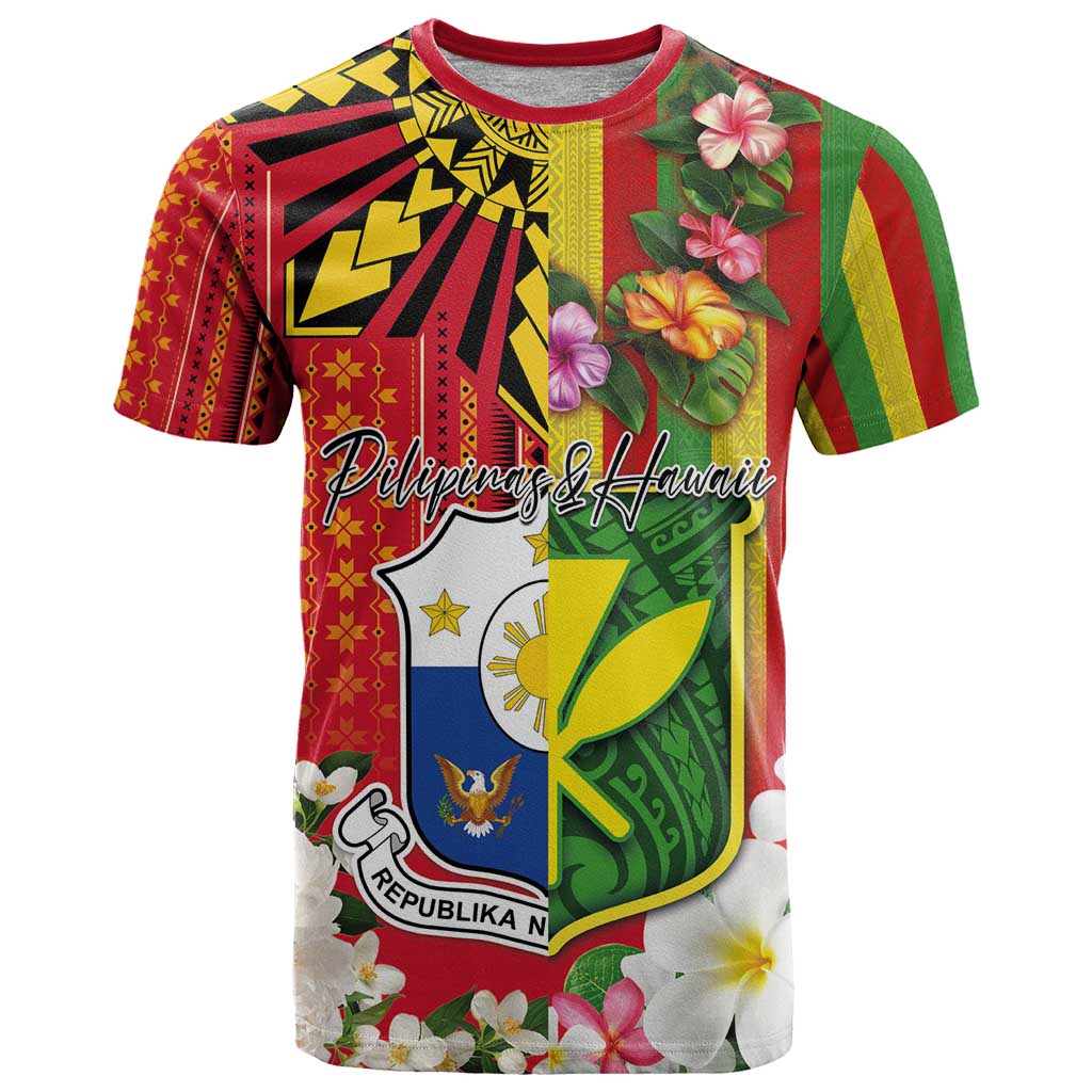 Personalised Hawaii and Philippines Together T Shirt The Emblems with Cultural Symbols Green-Yellow-Red Tricolor LT03 Art - Polynesian Pride