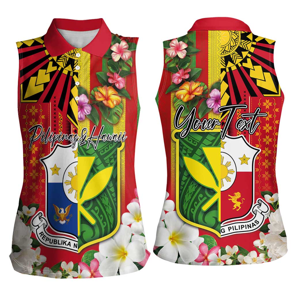 Personalised Hawaii and Philippines Together Women Sleeveless Polo Shirt The Emblems with Cultural Symbols Green-Yellow-Red Tricolor LT03 - Polynesian Pride