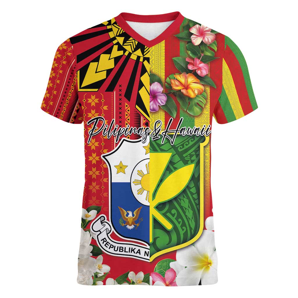 Personalised Hawaii and Philippines Together Women V-Neck T-Shirt The Emblems with Cultural Symbols Green-Yellow-Red Tricolor LT03 Female Art - Polynesian Pride