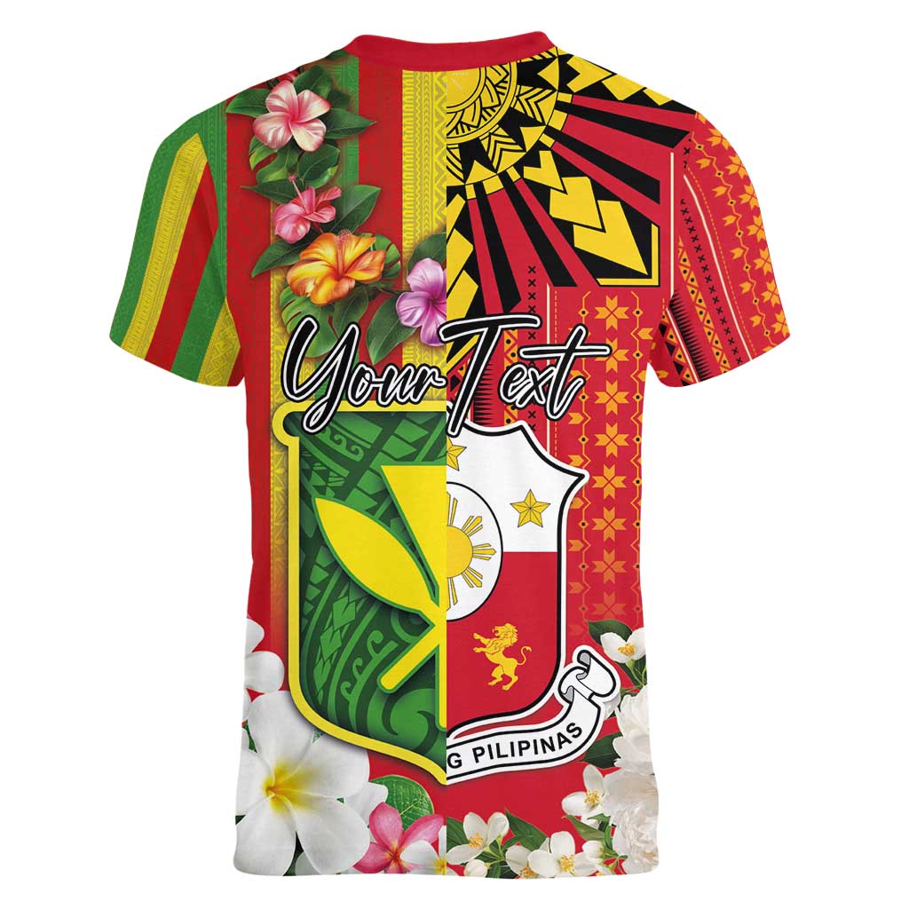 Personalised Hawaii and Philippines Together Women V-Neck T-Shirt The Emblems with Cultural Symbols Green-Yellow-Red Tricolor LT03 - Polynesian Pride