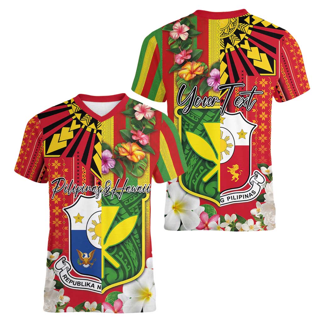 Personalised Hawaii and Philippines Together Women V-Neck T-Shirt The Emblems with Cultural Symbols Green-Yellow-Red Tricolor LT03 - Polynesian Pride