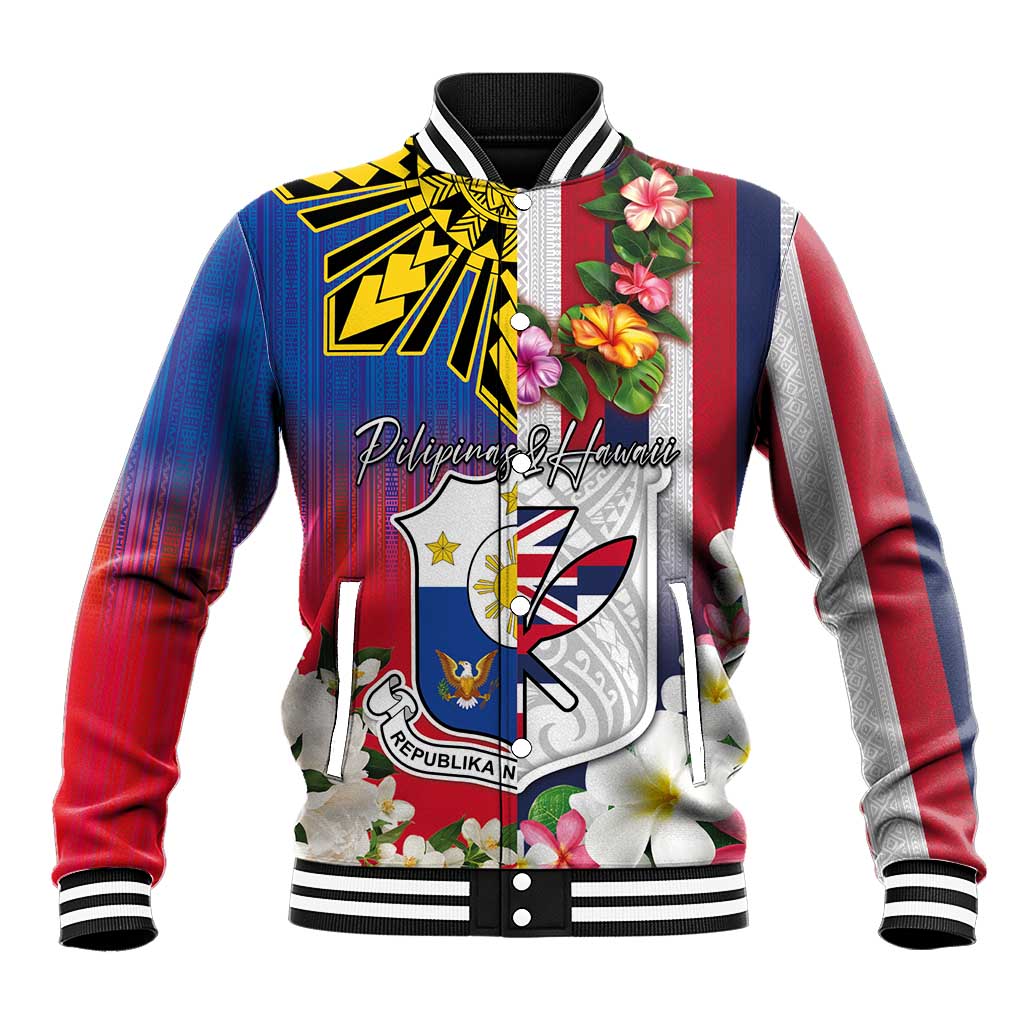 Personalised Hawaii and Philippines Together Baseball Jacket The Emblems with Cultural Symbols Blue-White-Red Tricolor LT03 Unisex Art - Polynesian Pride