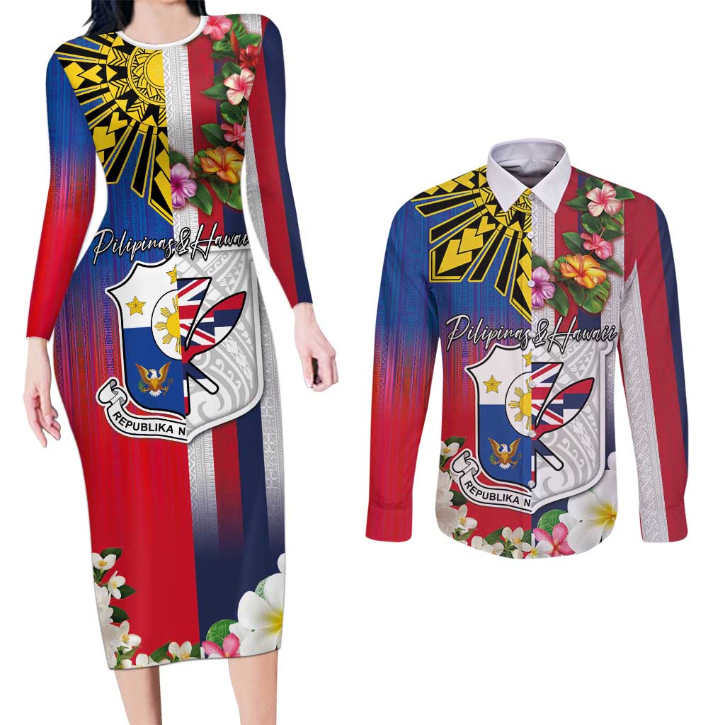 Personalised Hawaii and Philippines Together Couples Matching Long Sleeve Bodycon Dress and Long Sleeve Button Shirt The Emblems with Cultural Symbols Blue-White-Red Tricolor