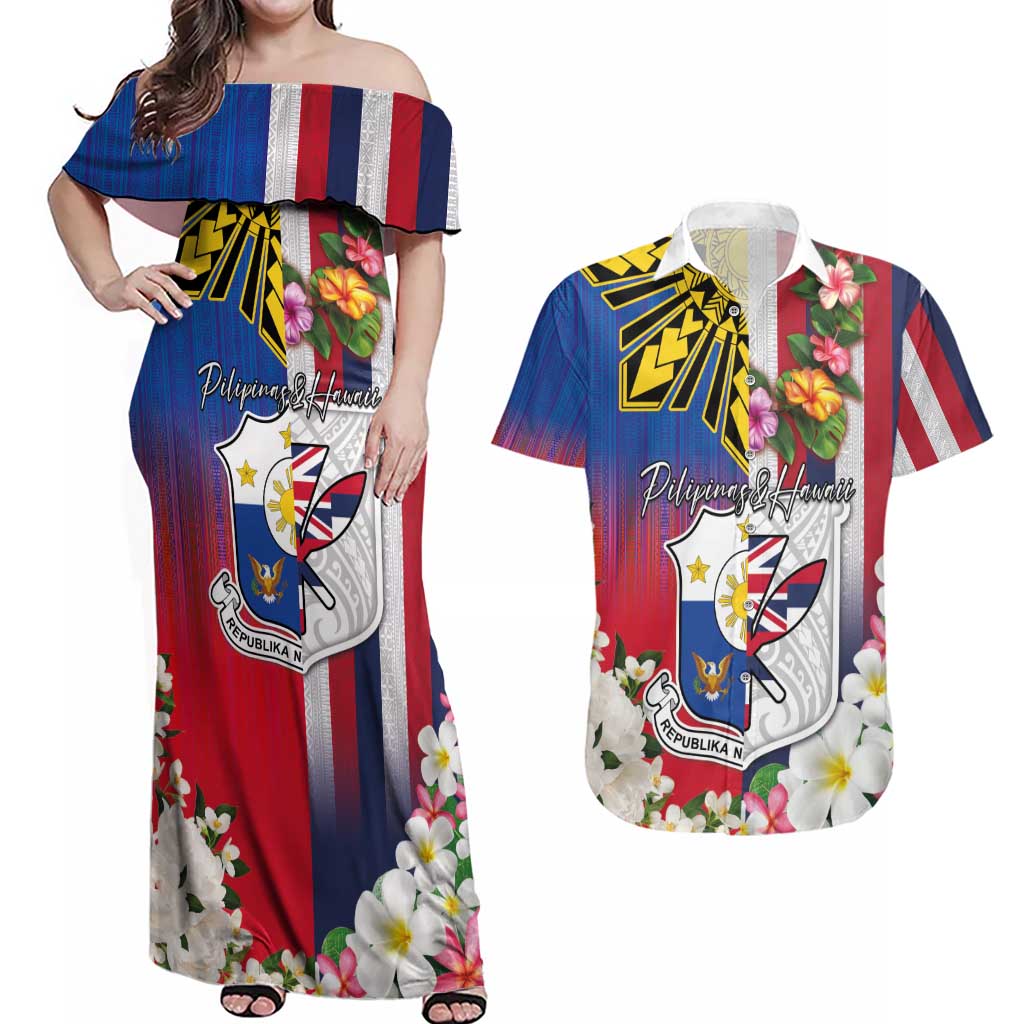 Personalised Hawaii and Philippines Together Couples Matching Off Shoulder Maxi Dress and Hawaiian Shirt The Emblems with Cultural Symbols Blue-White-Red Tricolor