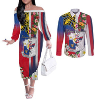 Personalised Hawaii and Philippines Together Couples Matching Off The Shoulder Long Sleeve Dress and Long Sleeve Button Shirt The Emblems with Cultural Symbols Blue-White-Red Tricolor