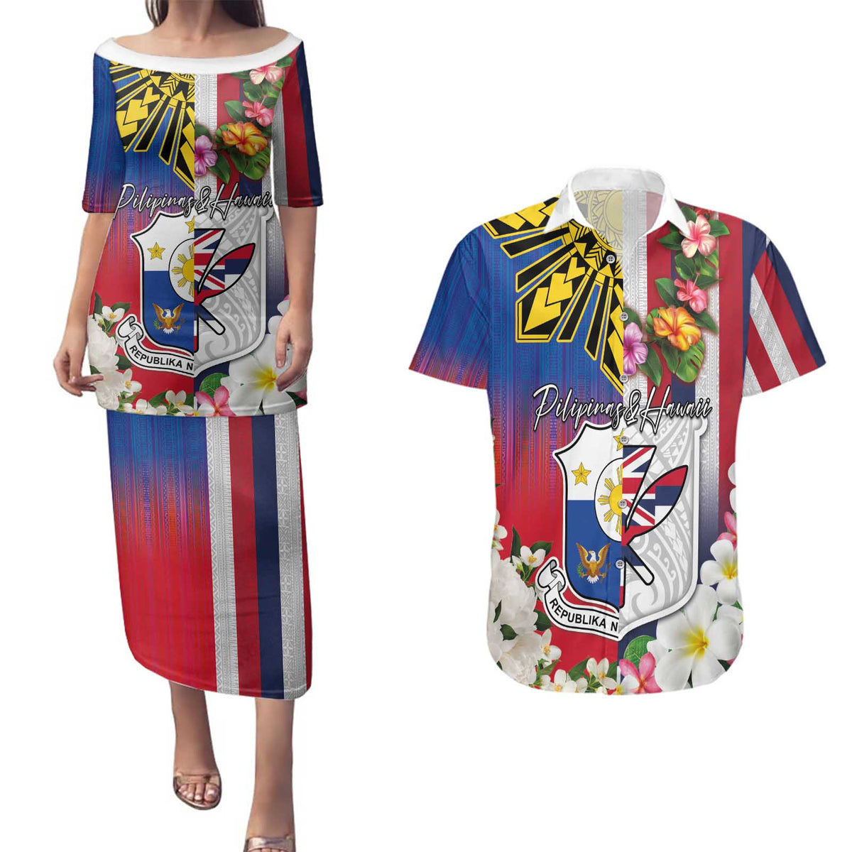 Personalised Hawaii and Philippines Together Couples Matching Puletasi and Hawaiian Shirt The Emblems with Cultural Symbols Blue-White-Red Tricolor LT03 Art - Polynesian Pride
