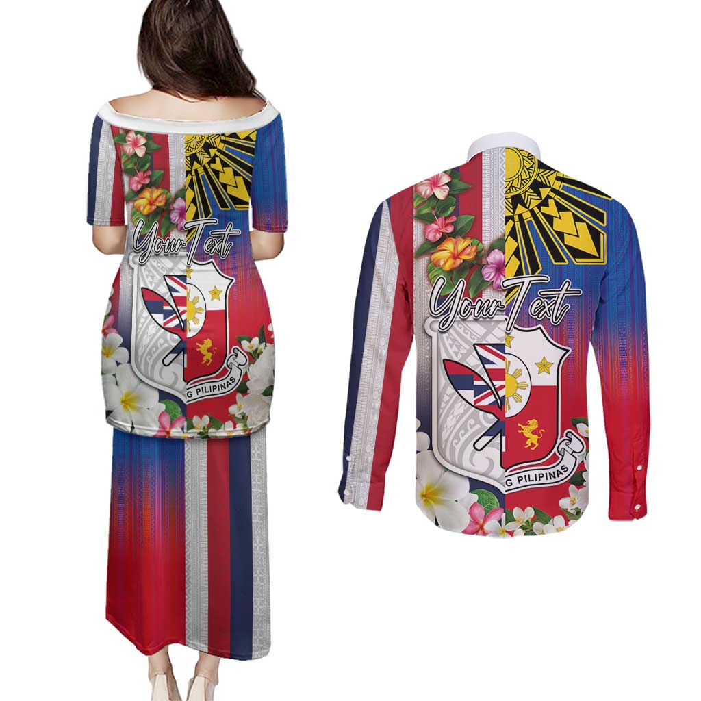 Personalised Hawaii and Philippines Together Couples Matching Puletasi and Long Sleeve Button Shirt The Emblems with Cultural Symbols Blue-White-Red Tricolor LT03 - Polynesian Pride