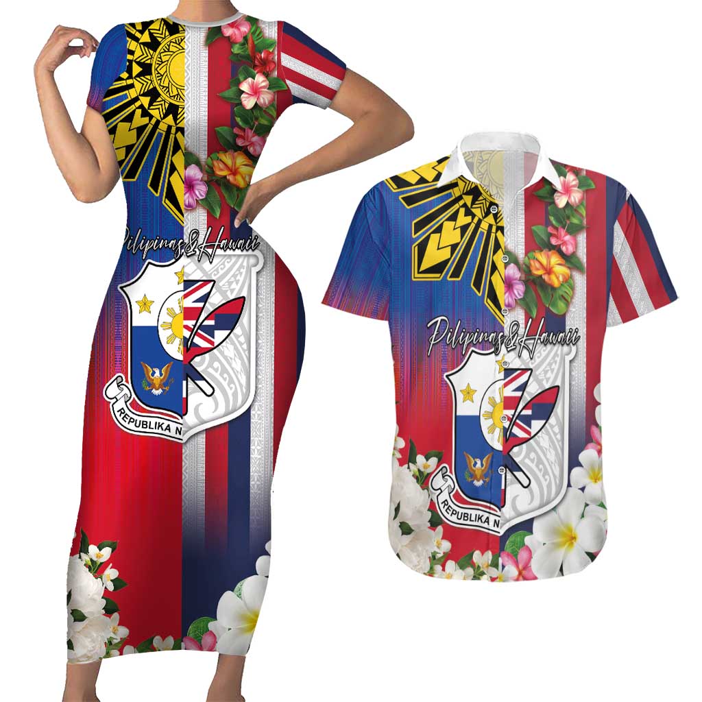 Personalised Hawaii and Philippines Together Couples Matching Short Sleeve Bodycon Dress and Hawaiian Shirt The Emblems with Cultural Symbols Blue-White-Red Tricolor