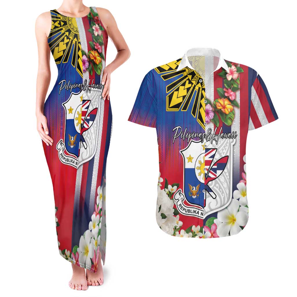 Personalised Hawaii and Philippines Together Couples Matching Tank Maxi Dress and Hawaiian Shirt The Emblems with Cultural Symbols Blue-White-Red Tricolor