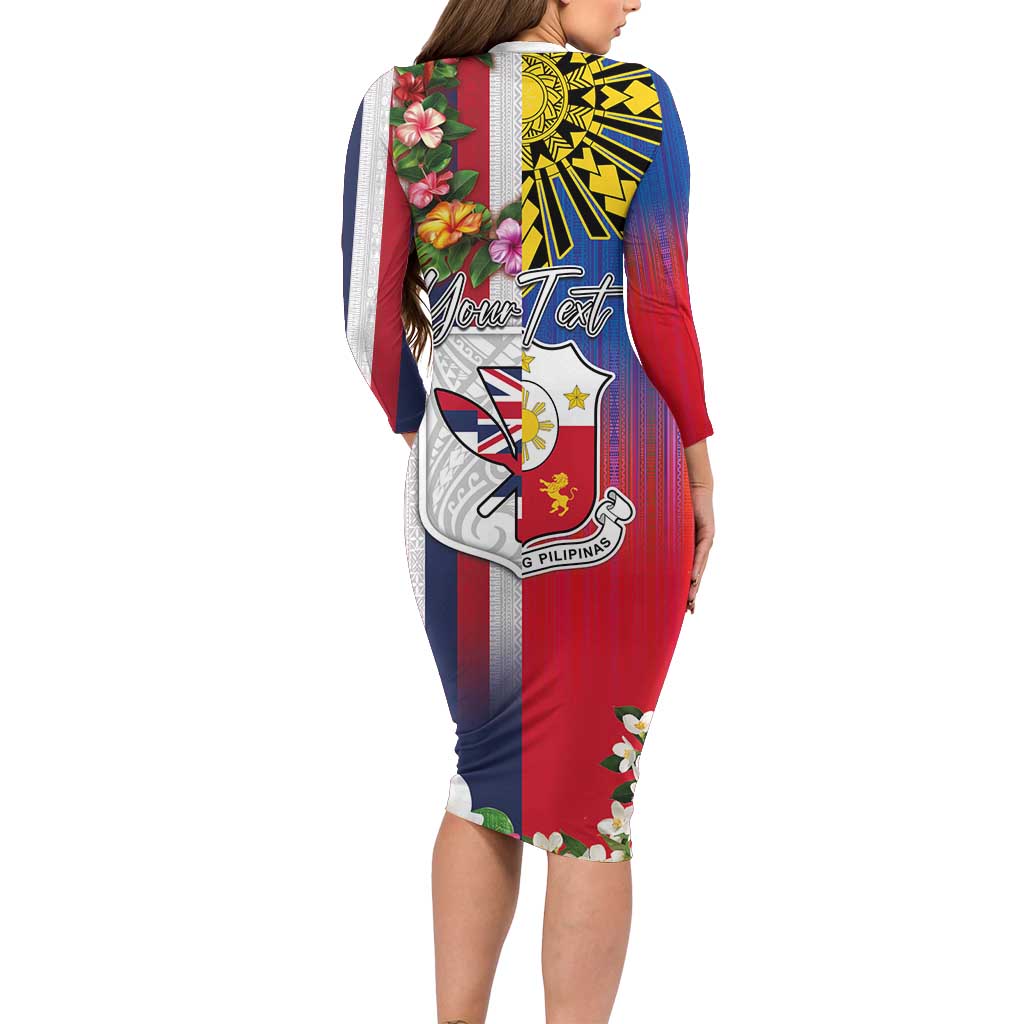 Personalised Hawaii and Philippines Together Family Matching Long Sleeve Bodycon Dress and Hawaiian Shirt The Emblems with Cultural Symbols Blue-White-Red Tricolor