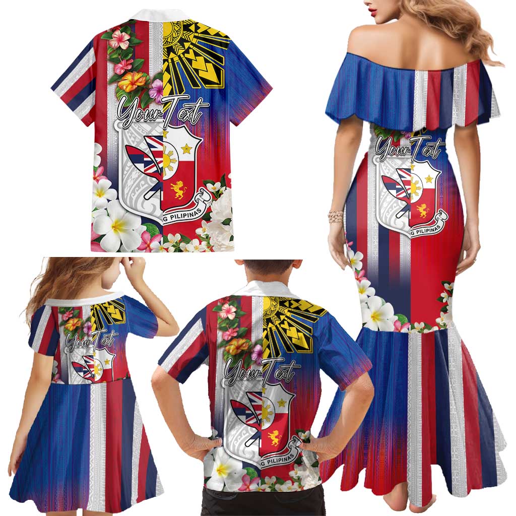 Personalised Hawaii and Philippines Together Family Matching Mermaid Dress and Hawaiian Shirt The Emblems with Cultural Symbols Blue-White-Red Tricolor LT03 - Polynesian Pride