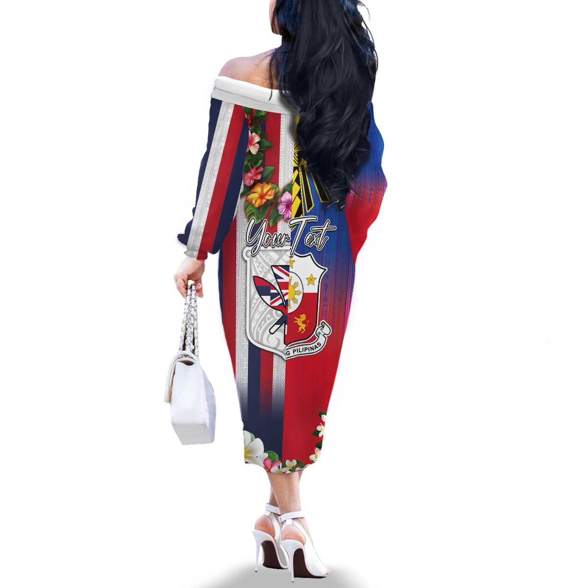 Personalised Hawaii and Philippines Together Family Matching Off The Shoulder Long Sleeve Dress and Hawaiian Shirt The Emblems with Cultural Symbols Blue-White-Red Tricolor