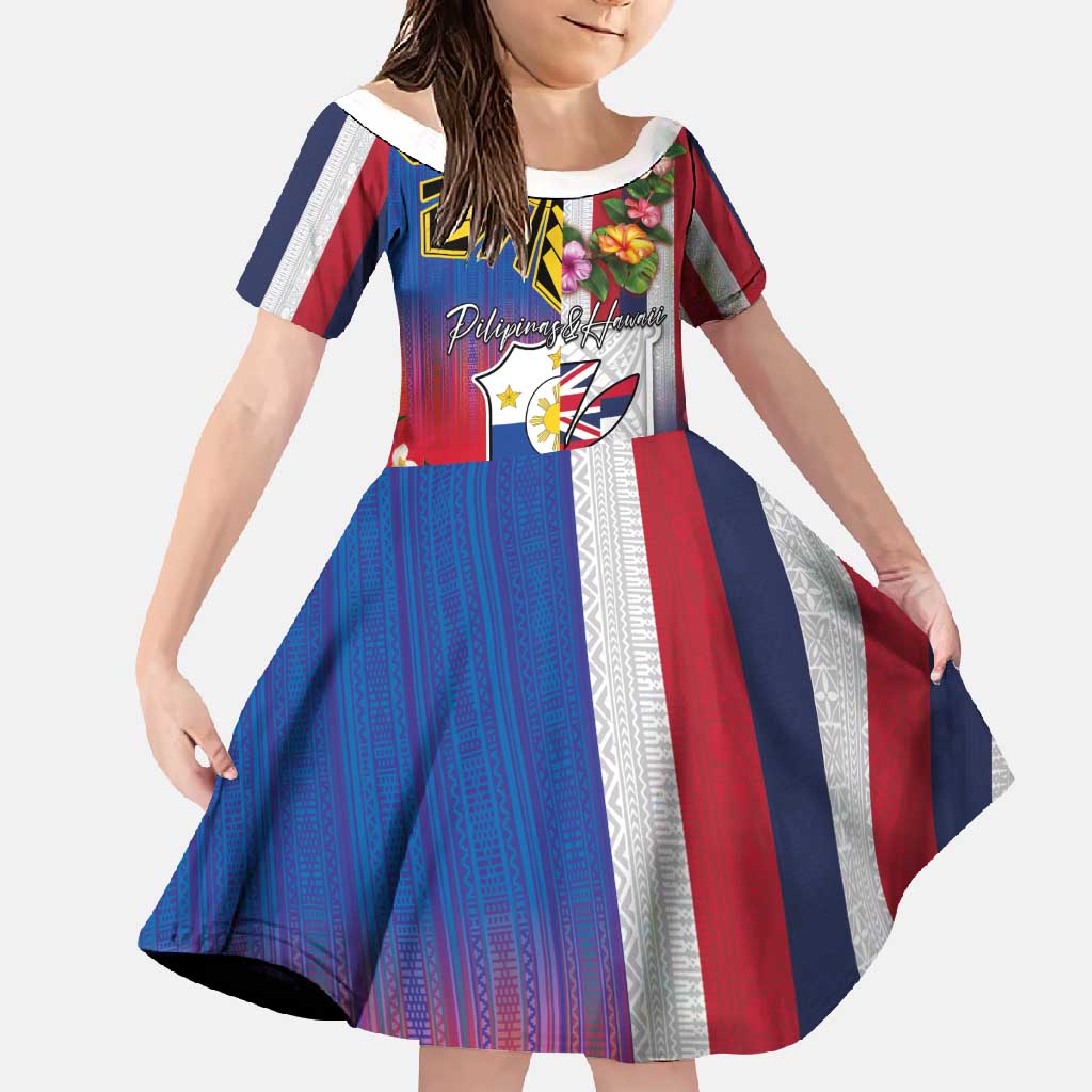 Personalised Hawaii and Philippines Together Family Matching Off Shoulder Maxi Dress and Hawaiian Shirt The Emblems with Cultural Symbols Blue-White-Red Tricolor LT03 Daughter's Dress Art - Polynesian Pride