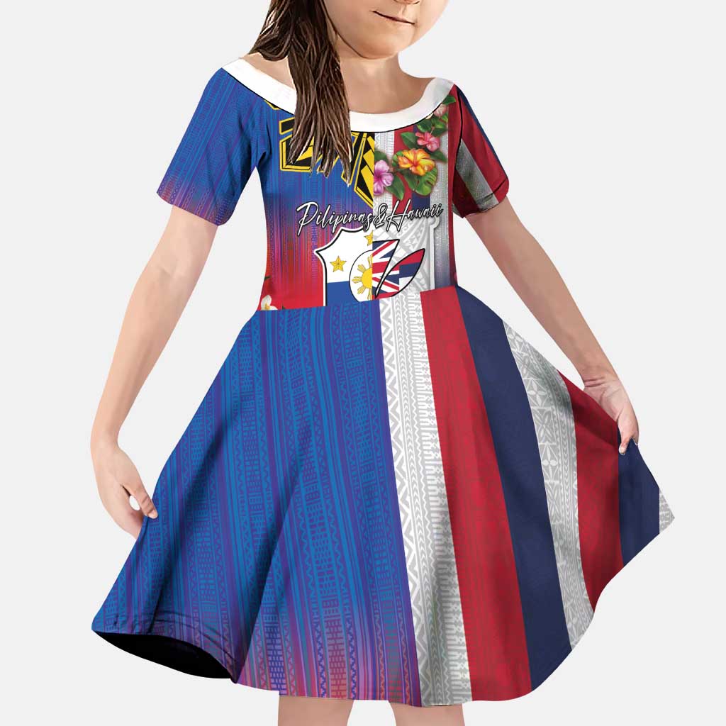 Personalised Hawaii and Philippines Together Family Matching Puletasi and Hawaiian Shirt The Emblems with Cultural Symbols Blue-White-Red Tricolor LT03 Daughter's Dress Art - Polynesian Pride