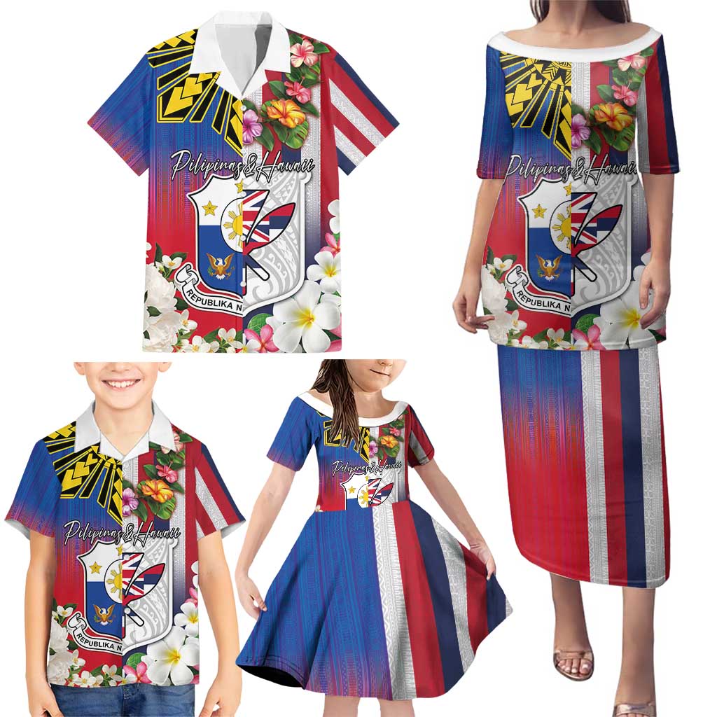 Personalised Hawaii and Philippines Together Family Matching Puletasi and Hawaiian Shirt The Emblems with Cultural Symbols Blue-White-Red Tricolor LT03 - Polynesian Pride