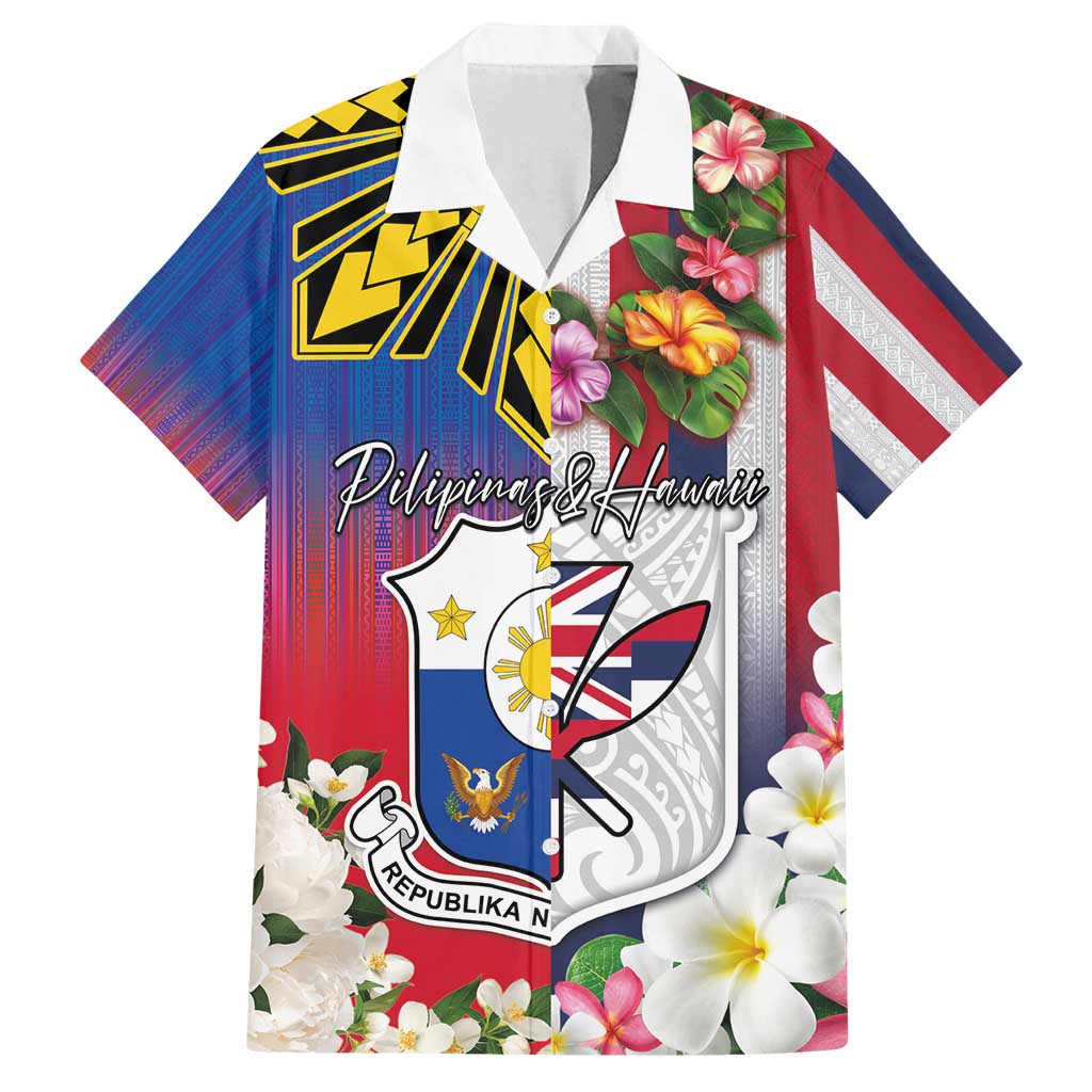 Personalised Hawaii and Philippines Together Family Matching Puletasi and Hawaiian Shirt The Emblems with Cultural Symbols Blue-White-Red Tricolor LT03 Dad's Shirt - Short Sleeve Art - Polynesian Pride