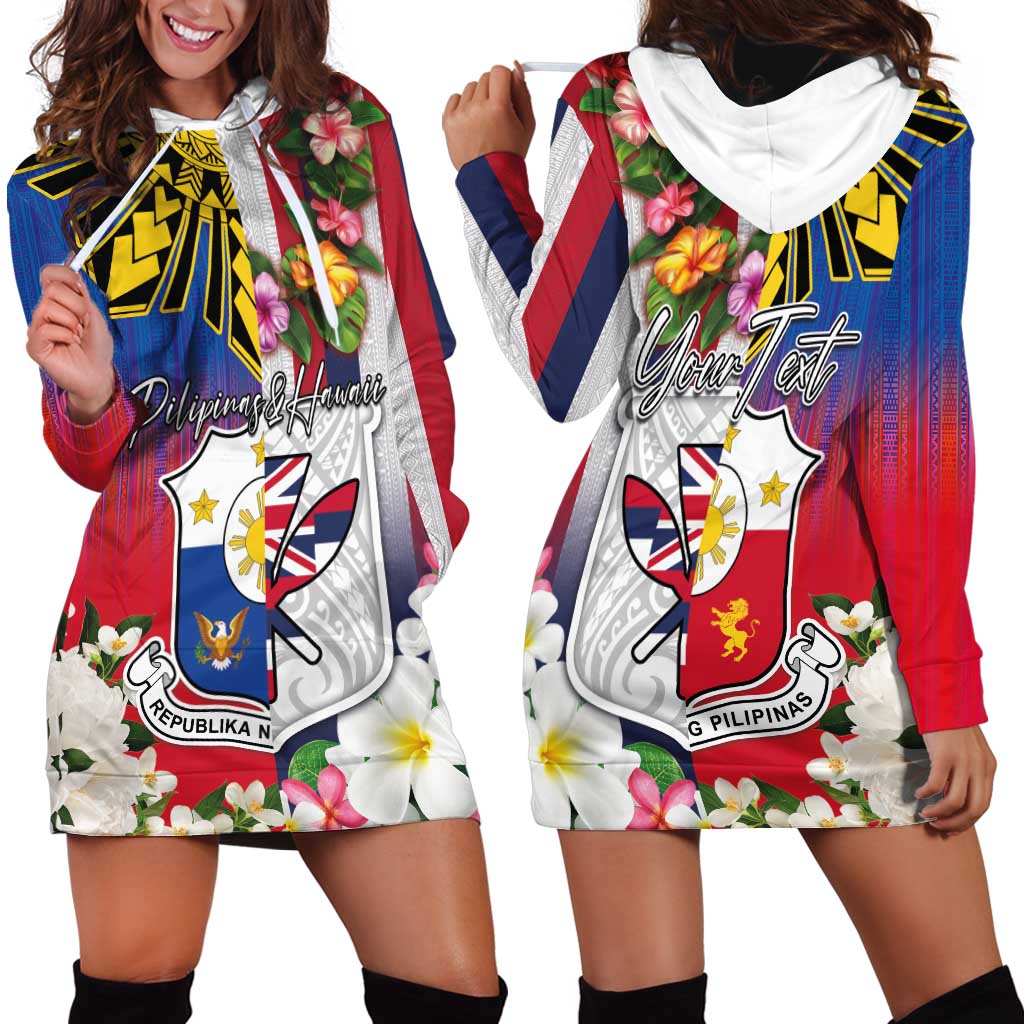 Personalised Hawaii and Philippines Together Hoodie Dress The Emblems with Cultural Symbols Blue-White-Red Tricolor LT03 - Polynesian Pride