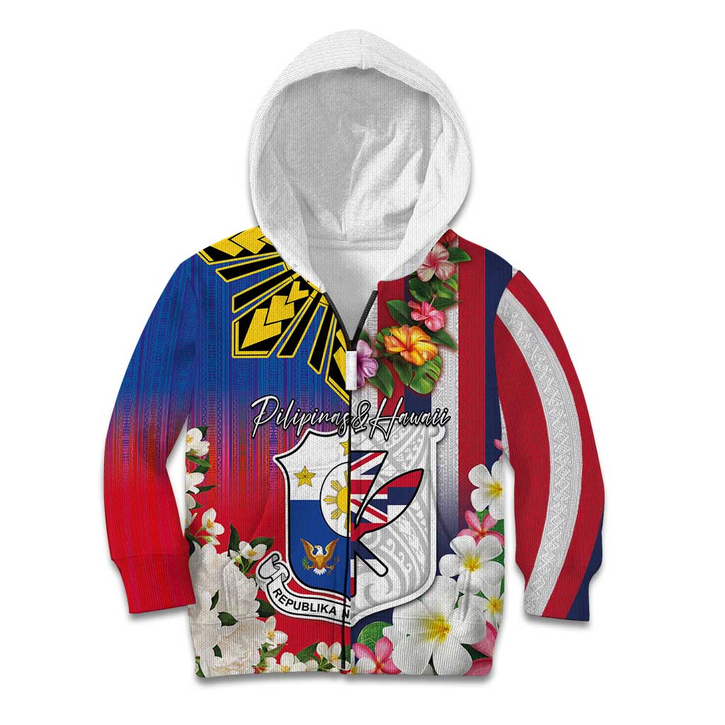 Personalised Hawaii and Philippines Together Kid Hoodie The Emblems with Cultural Symbols Blue-White-Red Tricolor LT03 Zip Hoodie Art - Polynesian Pride