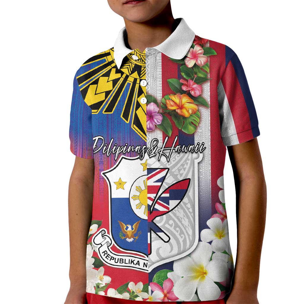 Personalised Hawaii and Philippines Together Kid Polo Shirt The Emblems with Cultural Symbols Blue-White-Red Tricolor LT03 Kid Art - Polynesian Pride