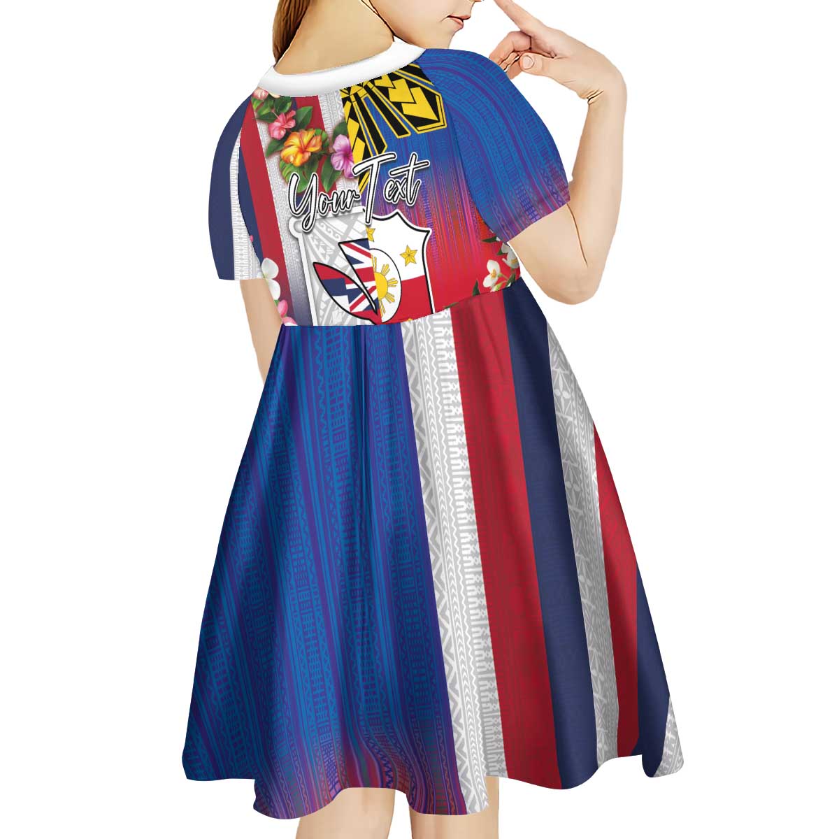 Personalised Hawaii and Philippines Together Kid Short Sleeve Dress The Emblems with Cultural Symbols Blue-White-Red Tricolor LT03 - Polynesian Pride