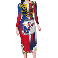 Personalised Hawaii and Philippines Together Long Sleeve Bodycon Dress The Emblems with Cultural Symbols Blue-White-Red Tricolor LT03 Long Dress Art - Polynesian Pride