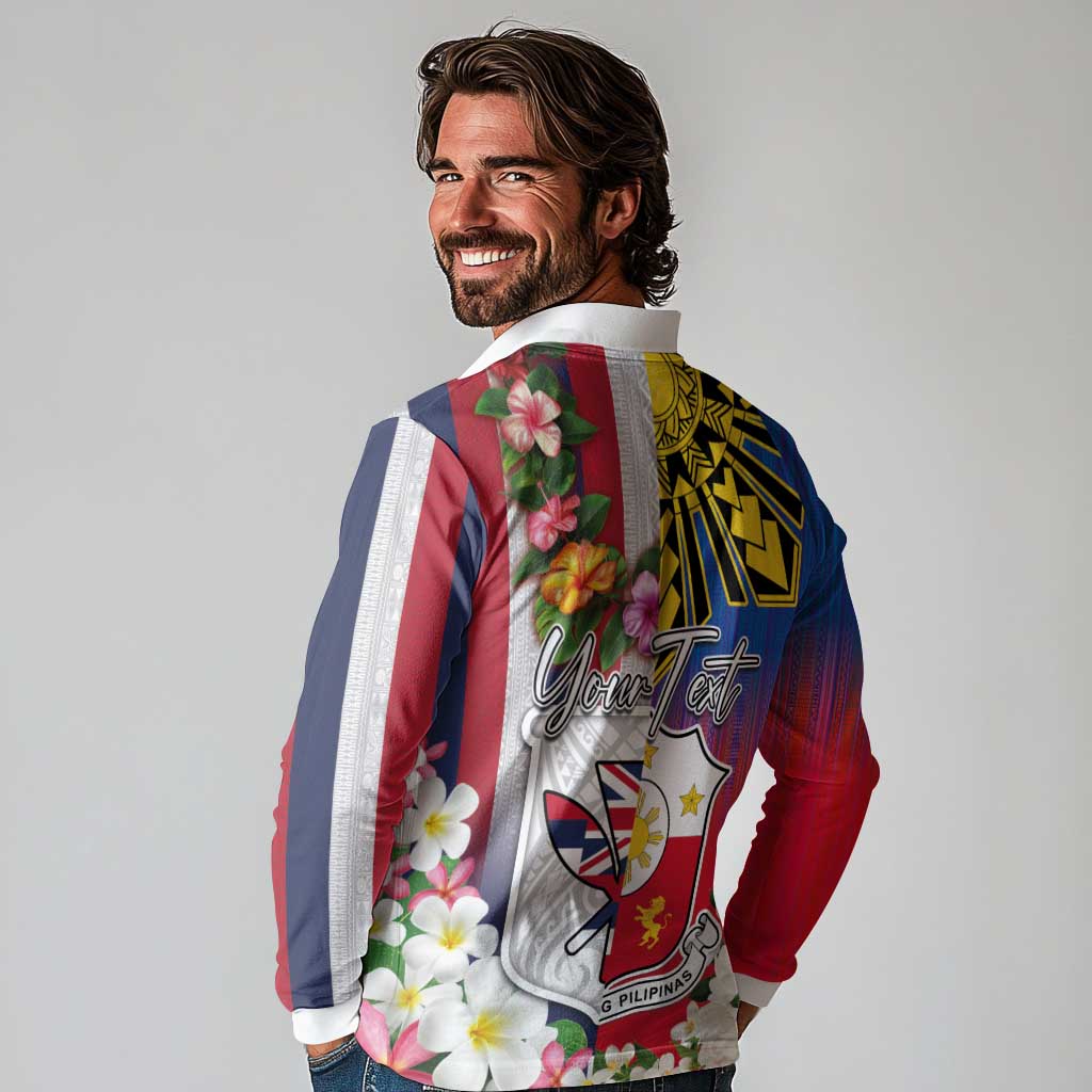 Personalised Hawaii and Philippines Together Long Sleeve Polo Shirt The Emblems with Cultural Symbols Blue-White-Red Tricolor LT03 - Polynesian Pride